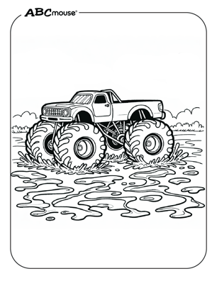 Free printable monster truck splashing through mud coloring page from ABCmouse.com. 