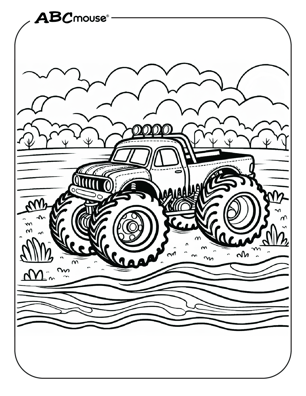 Free printable monster truck next to a river coloring page from ABCmouse.com. 