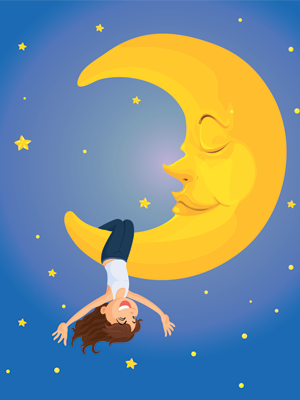 Illustration of a child hanging from a bright yellow moon 