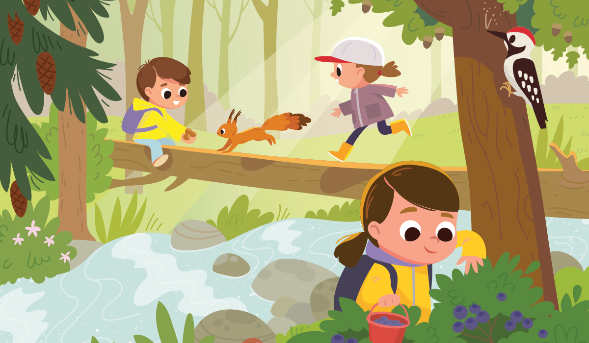 Illustration of children in the forest one picking berries, two children on a log over a river. 