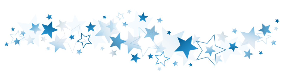 Solid, outline, and opaque blue stars of different sizes in a curved line across the page.