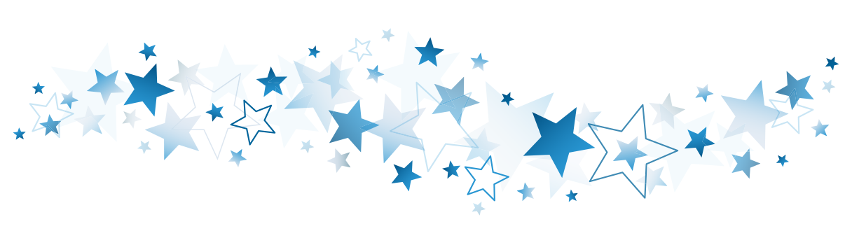 Solid, outline, and opaque blue stars of different sizes in a curved line across the page.