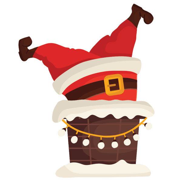 An illustration of a Santa Clause stuck upside down in a chimney. 