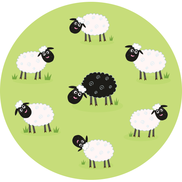 An illustration of a black sheep in the middle of a field of white sheep. 