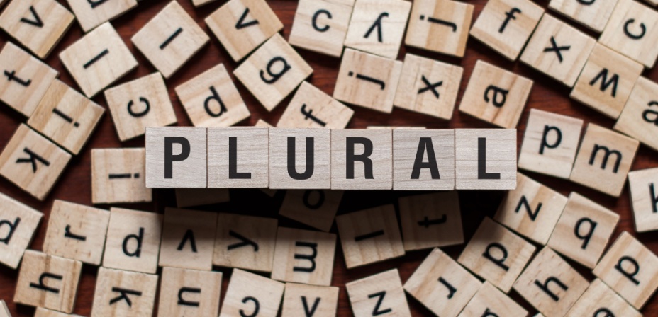 The word plural in wood blocks on top of a pile of random letter blocks. 