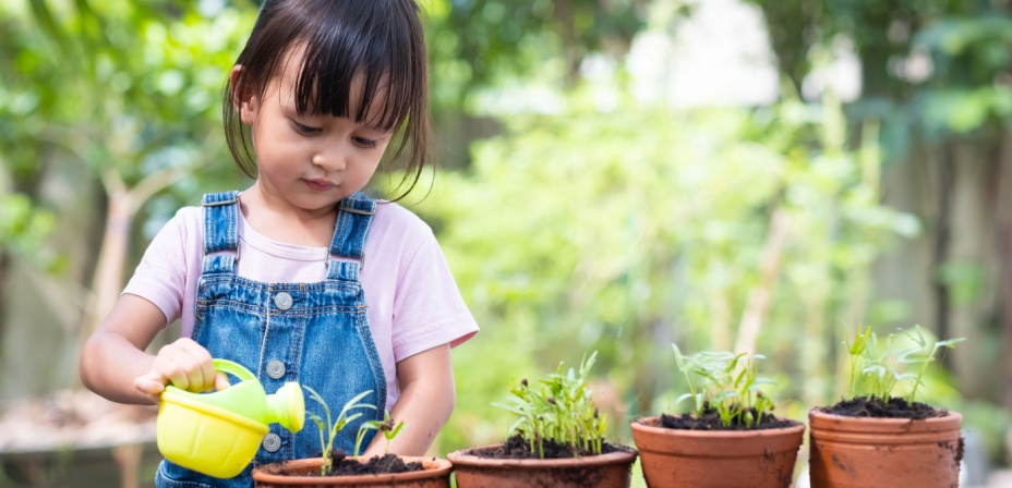 A young girl watering plants in a pots. 