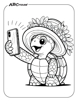 Free printable turtle taking a selfie coloring page from ABCmouse.com. 