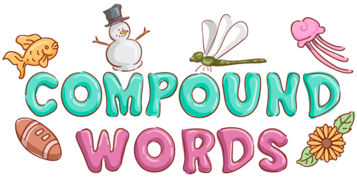 Compound words in teal and pink bubble letter surrounded by illustrations of a goldfish, snowman, dragonfly, jellyfish, football, and sunflower. 