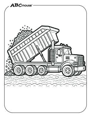 Free printable dump truck dumping coloring page from ABCmouse.com. 