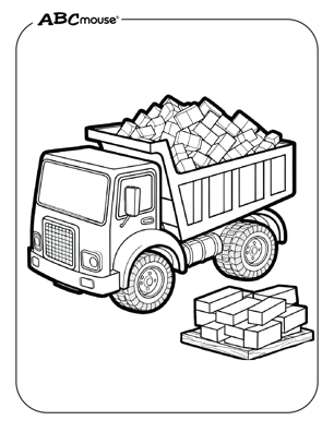 Free printable dump truck hauling bricks coloring page from ABCmouse.com. 