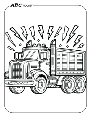 Free printable dump truck with lightning coloring page from ABCmouse.com. 