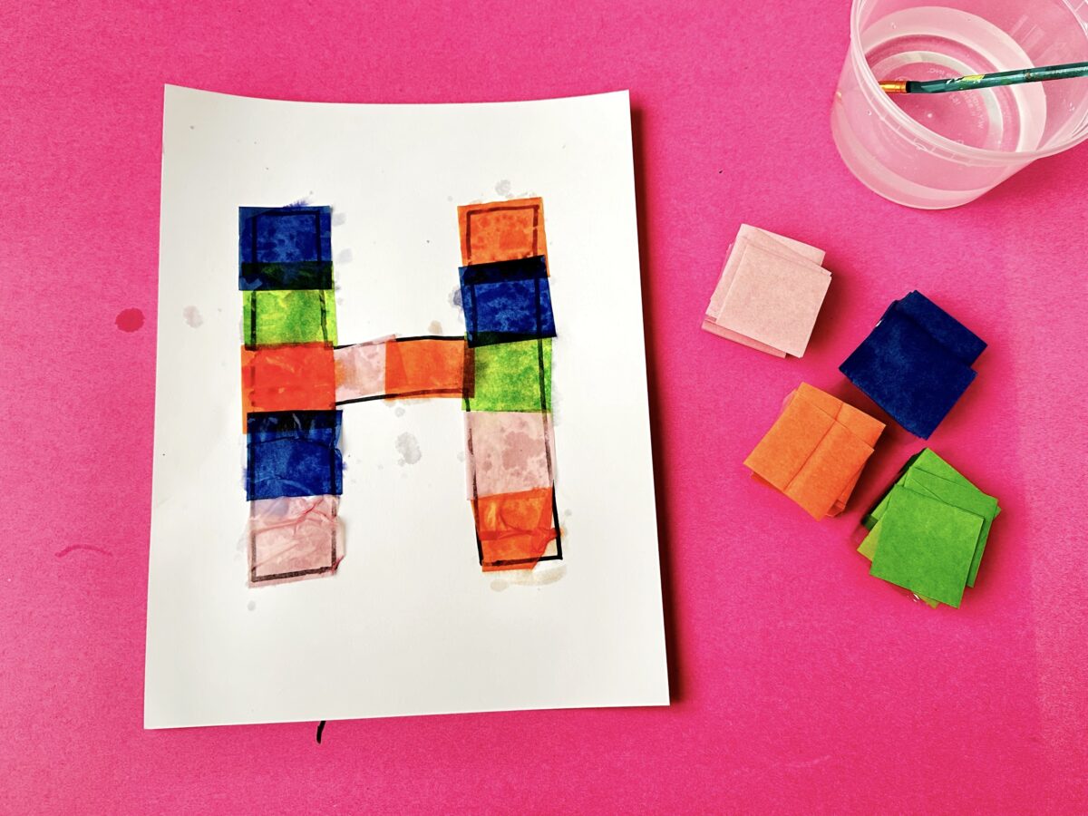 Fun large letter H with colorful tissue paper covering it. Craft for kids to learn about the letter H from ABCmouse.com. 