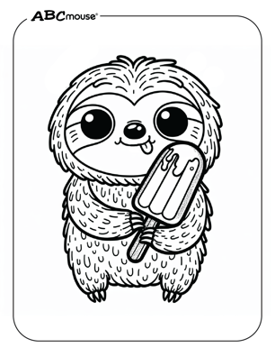 Cute Sloth with an ice cream popsicle coloring page from ABCmouse.com. 