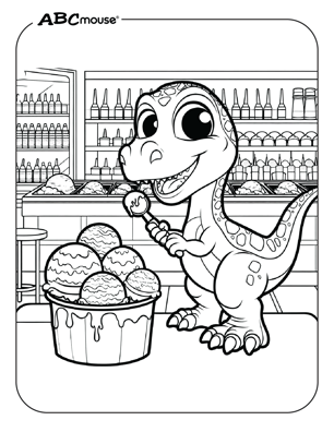 Cute dinosaur with an ice cream dish coloring page from ABCmouse.com. 