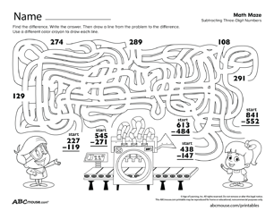 Free printable subtracting three digit numbers math worksheet from ABCmouse.com. 