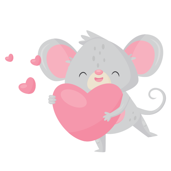 A little grey mouse eyes closed balancing on one foot holding a pink heart. 