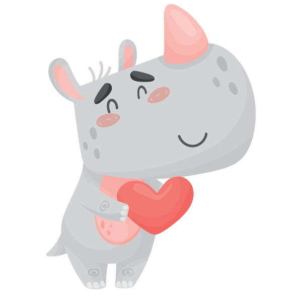 Cute illustrated rhino eyes closed holding a heart. 