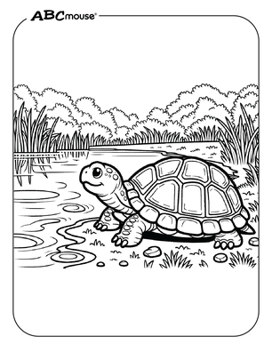 Free printable turtle near a lake coloring page from ABCmouse.com. 