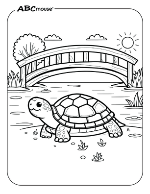 Free printable turtle near a bridge coloring page from ABCmouse.com. 