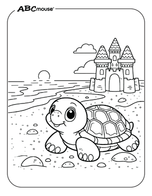 Free printable turtle by a sand castle coloring page from ABCmouse.com. 