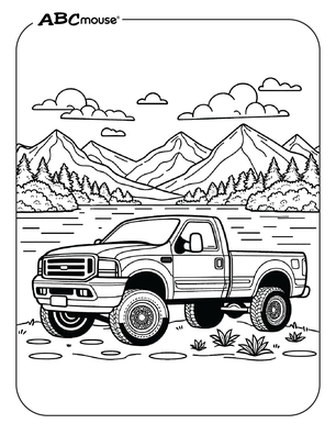 Free printable pickup truck by a lake coloring page from ABCmouse.com. 