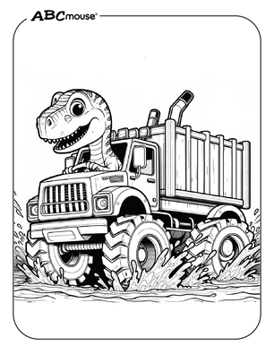 Free printable dinosaur driving a truck coloring page from ABCmouse.com. 