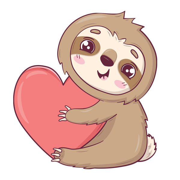 Adorable illustrated sloth holding a pink heart. 