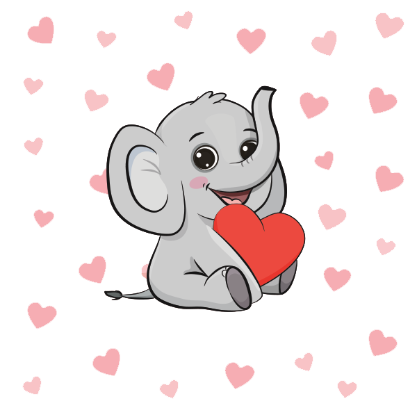 Cute grey elephant sitting holding a heart and surrounded by smaller hearts. 