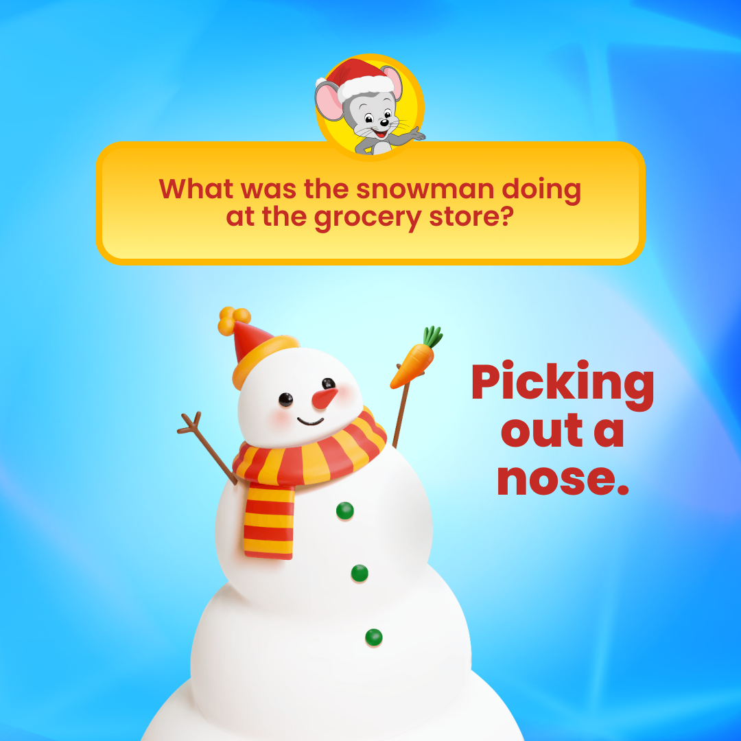 Colorful image of this joke: What was the snowman doing at the grocery store? 
Picking out a nose! 