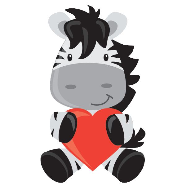 Cute little illustrated zebra sitting holding a heart. 