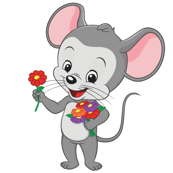 Abc mouse holding a bouquet of flowers. 