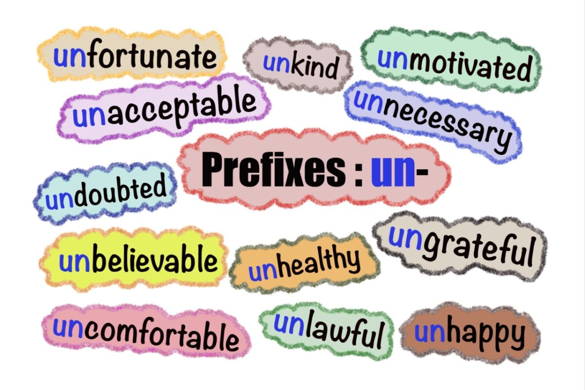 Colorful bubble clouds filled with words that have the un- prefix like unhappy, or unmotivated. 