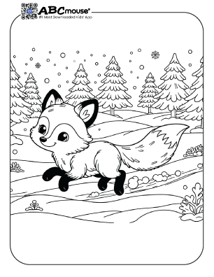 Free printable cute fox running in snow coloring page from ABCmouse.com. 