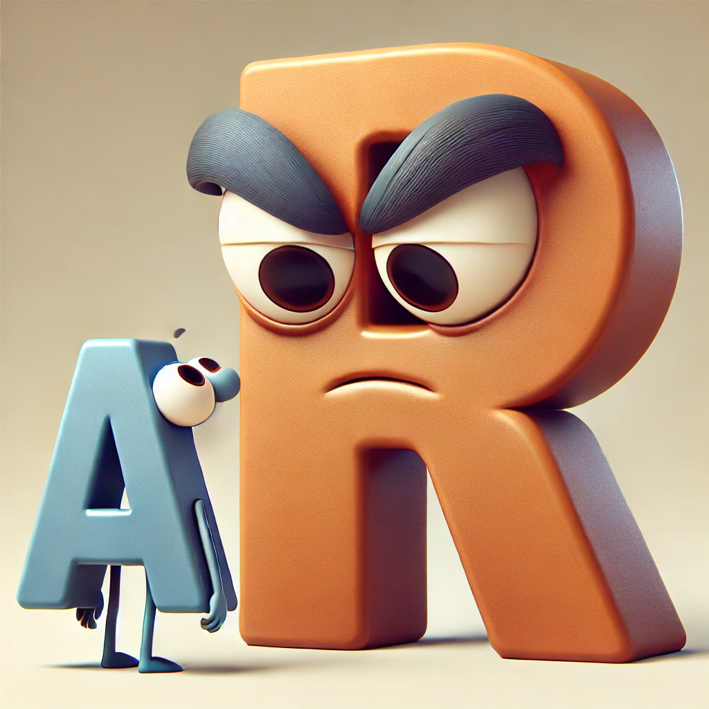 A tall angry looking letter r looking at a blue letter A. 