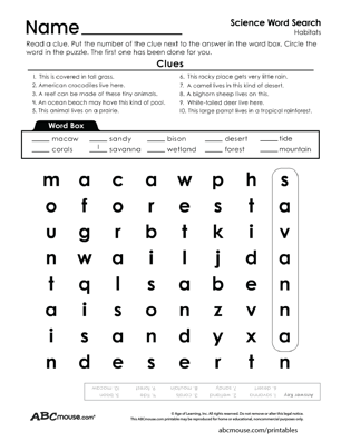 Free printable habitat, environment and ecosystem word search worksheet from ABCmouse.com. 