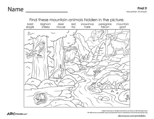 Free printable habitat, environment and ecosystem mountain animals find it worksheet from ABCmouse.com. 