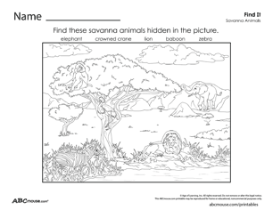 Free printable habitat, environment and ecosystem savanna animals find it worksheet from ABCmouse.com. 