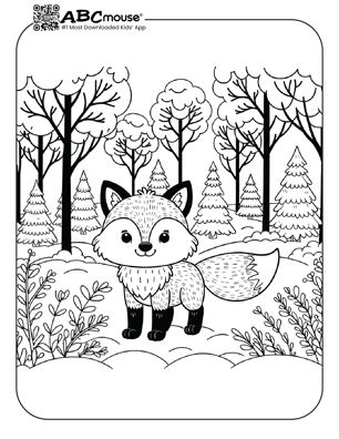 Free printable cute fox in the forest coloring page from ABCmouse.com. 