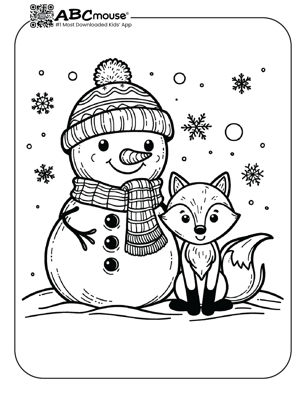 Free printable cute fox with a snowman coloring page from ABCmouse.com. 