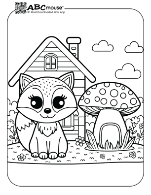 Free printable cute fox next to a toadstool coloring page from ABCmouse.com. 