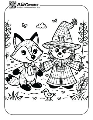 Free printable cute fox with a scarecrow coloring page from ABCmouse.com. 