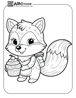 Free printable cute fox holding a cupcake coloring page from ABCmouse.com. 