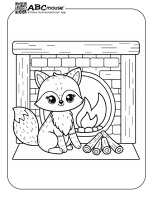 Free printable cute fox by a fireplace coloring page from ABCmouse.com. 