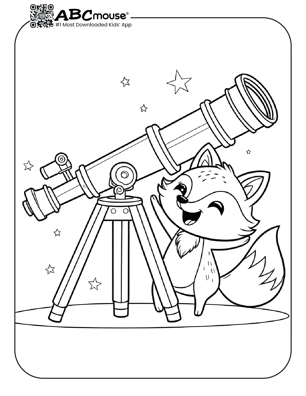 Free printable cute fox with a telescope coloring page from ABCmouse.com. 