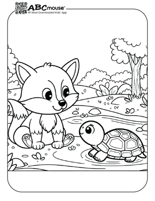 Free printable cute fox with a tortoise coloring page from ABCmouse.com. 