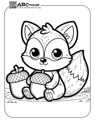 Free printable cute baby fox with acorns coloring page from ABCmouse.com. 