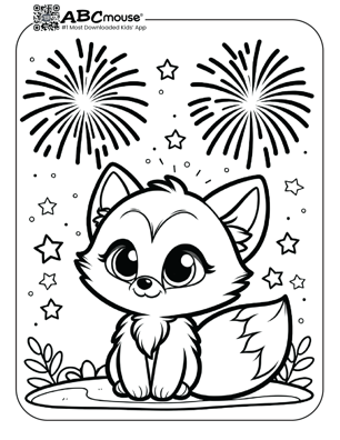 Free printable cute baby fox under fireworks coloring page from ABCmouse.com. 