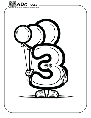 Free printable number three holding 3 balloons coloring page from ABCmouse.com. 