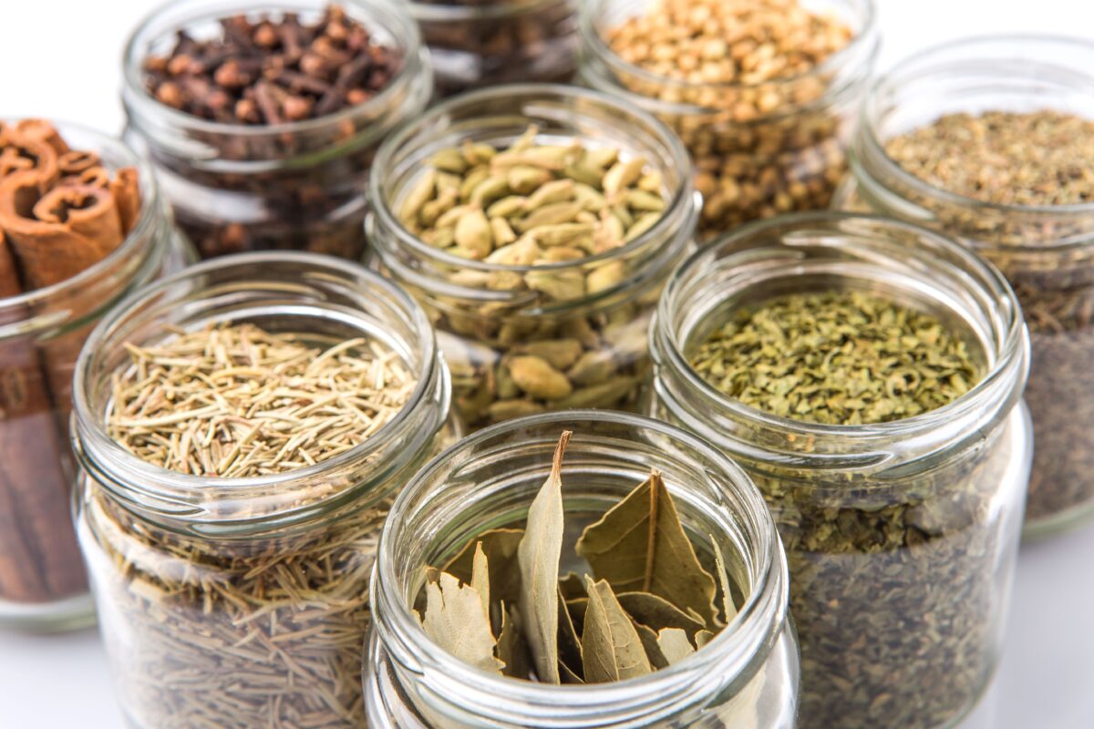 Jars full of different herbs and spices for children to smell. 