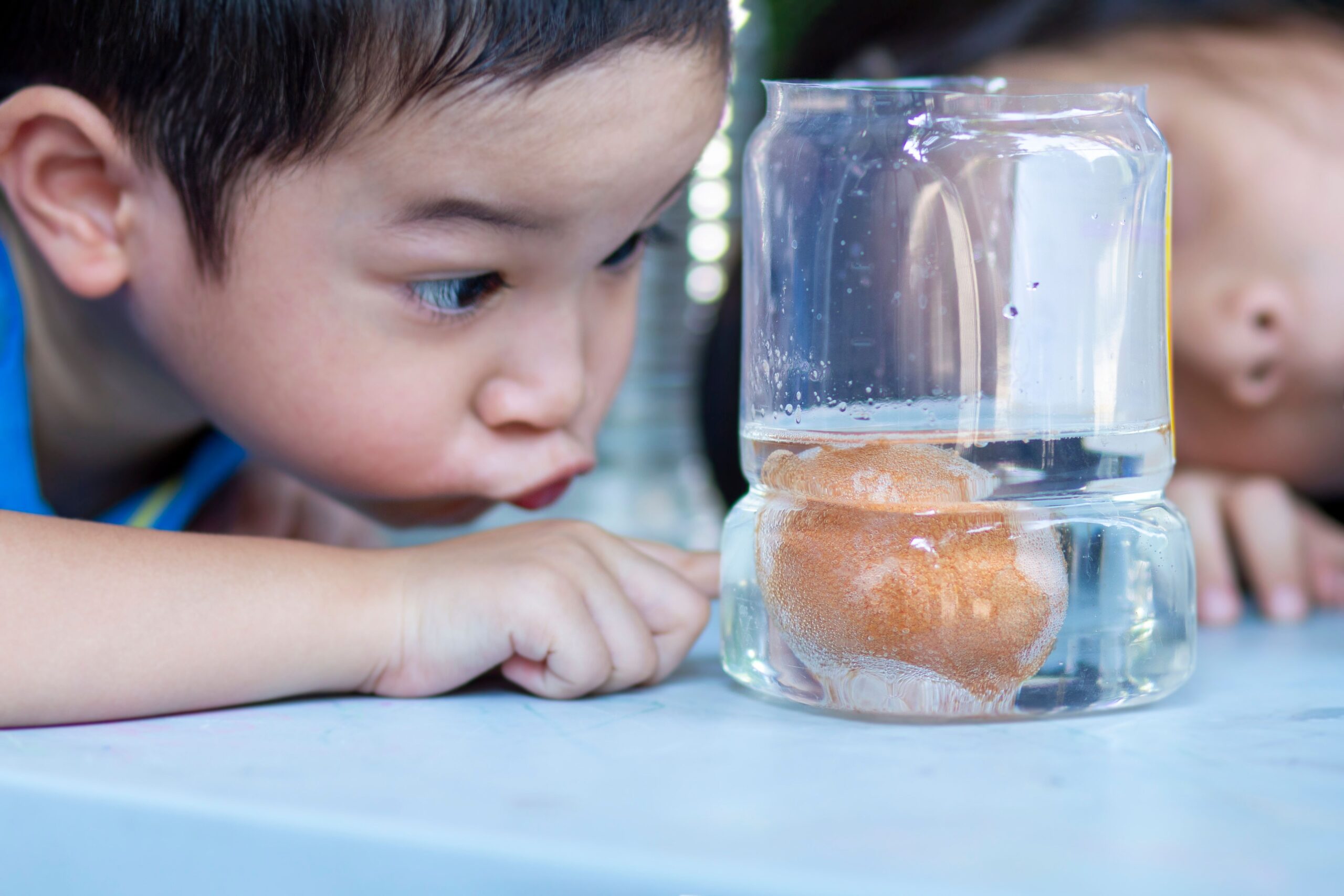 A young child watching an egg in a jar fun science experiment. 